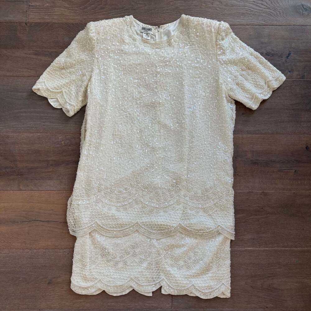 Brilliante 100% Silk Beaded Sequined Dress Sz L, 80s Vintage Glamour, Bridal